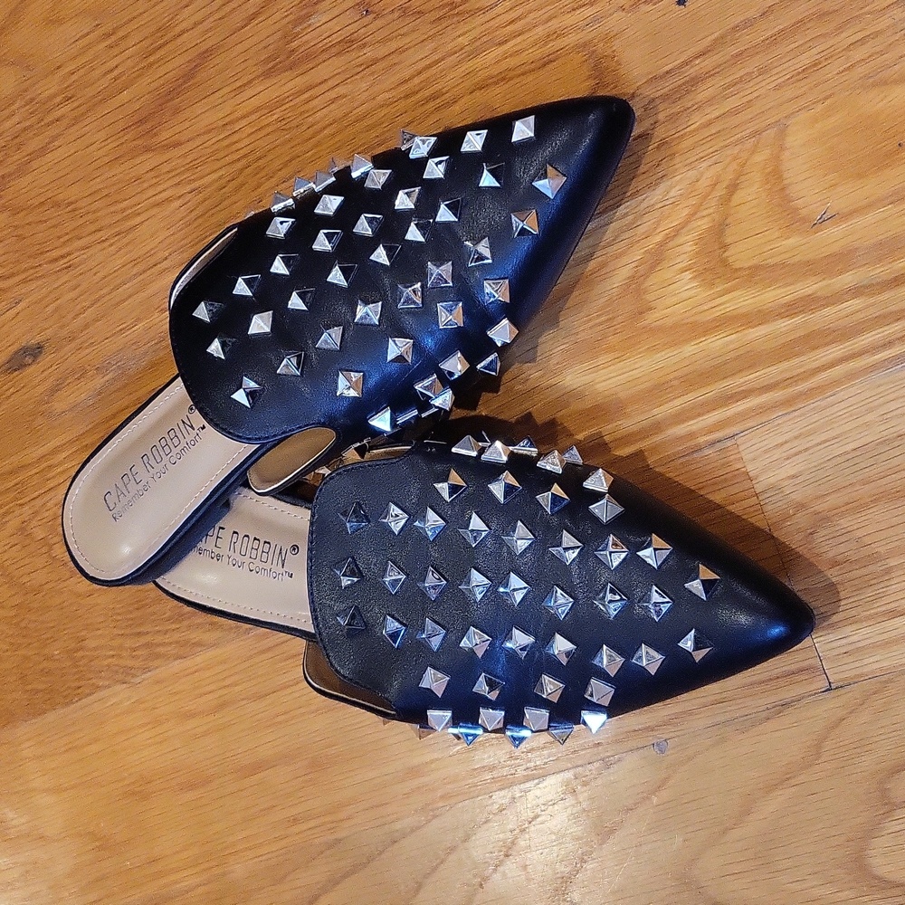 Cape Robbin Enny Slip On Flat Sandals Black pointed Toe Embellished Mule Slide